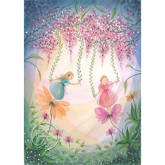 Bijdehansje kaart Fairies with Flowers