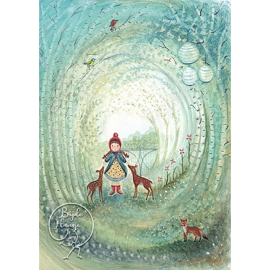 Bijdehansje kaart Girl with deers