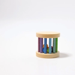 Mini babyroller met bel en kralen in regenboog kleuren