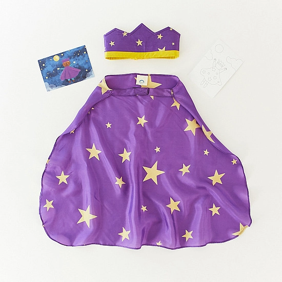 Sarah's Silks Speelzijde Cape en Kroon set - paars met sterren